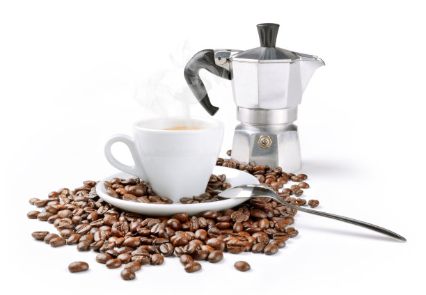 蒸浓咖啡，咖啡豆和摩卡孤立在白色的背景。图片下载