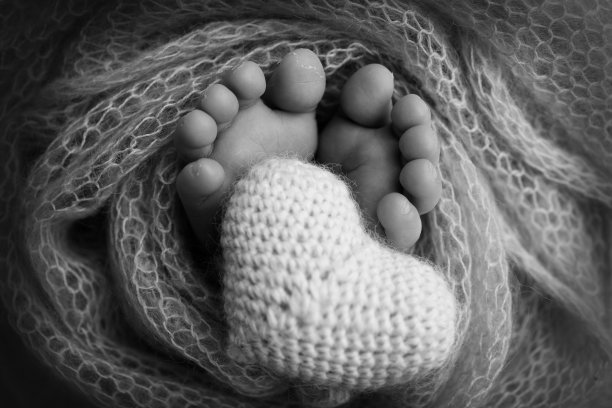 毯子里新生儿的脚特写。怀孕，做母亲，做母亲的准备和期待，孩子出生的概念。黑白摄影。图片下载