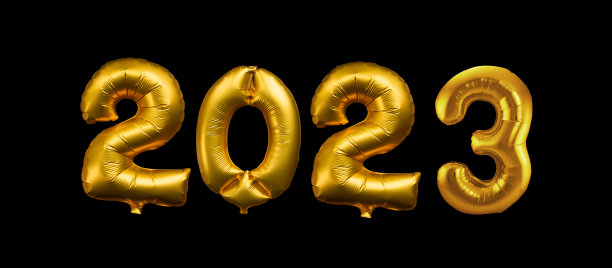 2023写与金色气球孤立在黑色背景，新年派对网络横幅图片下载