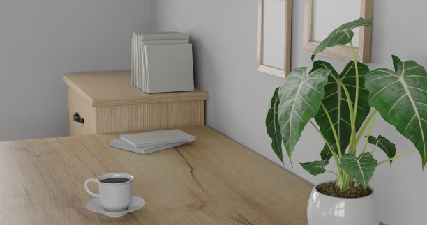 3d渲染室内房间。最小的风格设计。工作的书桌上。家庭室内设计。模板的网站，墙纸，和模型。图片下载
