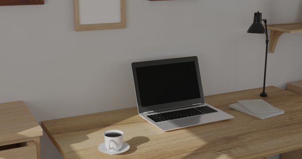 3d渲染室内房间。最小的风格设计。工作的书桌上。家庭室内设计。模板的网站，墙纸，和模型。图片下载