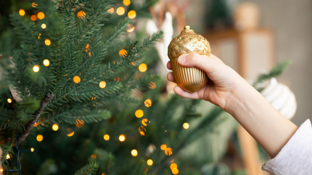 孩子们用美丽的金色橡子装饰圣诞树的特写。图片下载