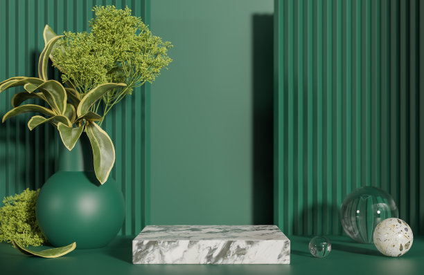 样品方形大理石讲台的产品演示讲台与绿色背景晨光。，3d模型和插图。图片下载