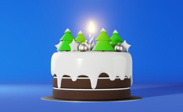 圣诞蛋糕与蜡烛3d渲染蓝色背景。圣诞晚会广告节日贺卡横幅。图片下载