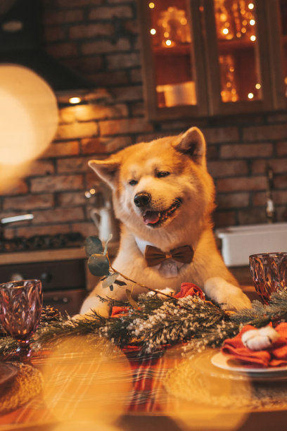 日本快乐快乐的犬种秋田犬的肖像与蝴蝶结在圣诞装饰小屋图片下载
