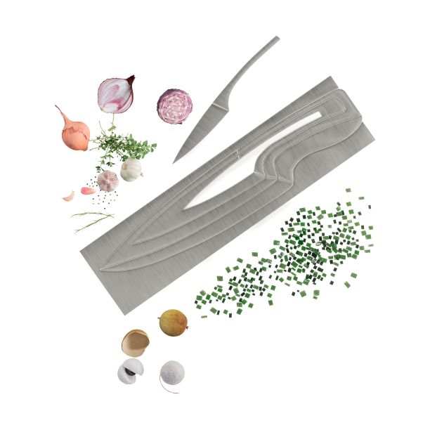 数码渲染的银刀切割和切片蔬菜在一个白色的背景图片下载