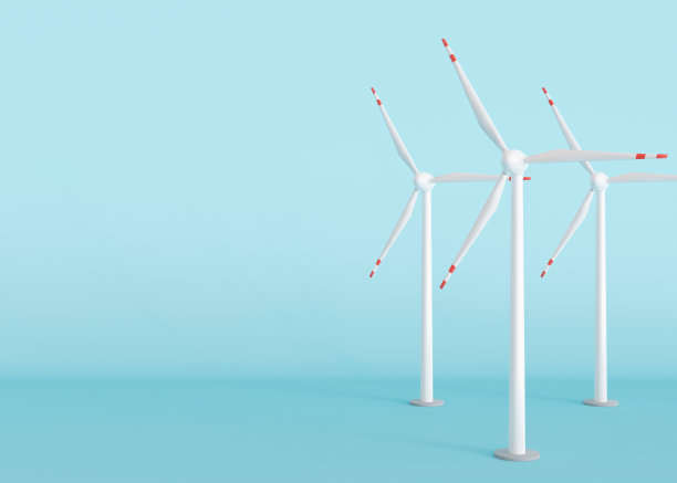 蓝色背景上的风力涡轮机与文本的复制空间。风力涡轮机发电。全球生态。清洁能源理念，拯救世界。可持续的资源。能源危机。3 d渲染。图片下载
