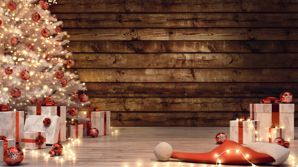 礼盒在地板上靠近杉树圣诞灯装饰卡片饰品派对新年2023庆祝舒适的家节日室内设计客厅木制背景魔术3d渲染白红图片下载