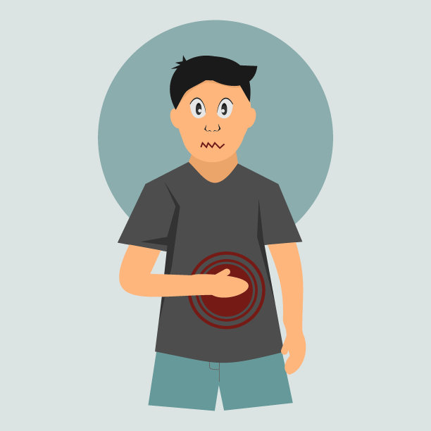 消化不良、恶心呕吐、腹部和胃部疼痛、溃疡、胆道绞痛、副作用、病人用手捂胃、吃不新鲜的食物和酒精、健康问题图片下载