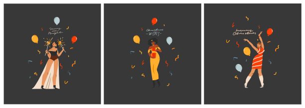 手绘矢量抽象图形圣诞快乐和新年快乐插画人物人物。人们在服装卡片集。圣诞快乐人卡片设计。寒假艺术收藏。图片下载