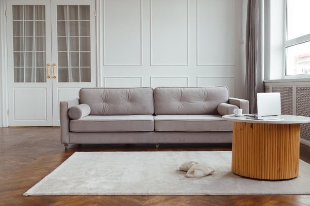 当代极简主义的客厅内部，沙发，落地灯和咖啡桌，笔记本电脑图片下载