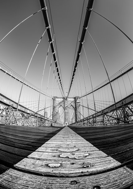 晴朗天空下悬索桥的垂直灰度照片图片下载