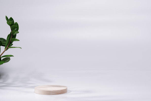 具有几何形状的抽象极小场景。圆柱形木制讲台。图片下载