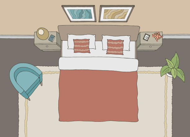 卧室顶视图从上面图形色彩的家庭室内草图插图矢量图片下载
