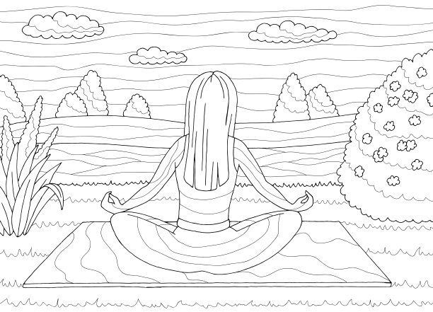 瑜伽着色女子练习在公园图形黑白景观素描插图矢量图片下载