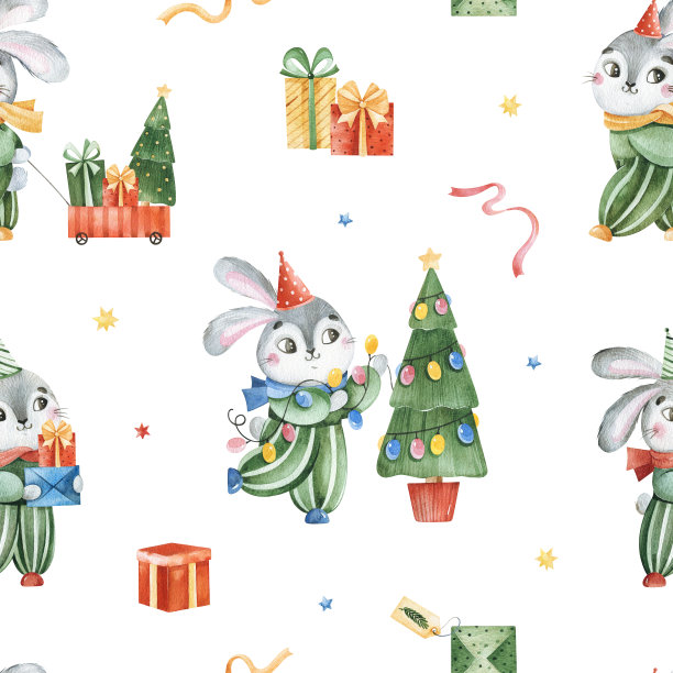 水彩圣诞快乐无缝背景图片下载