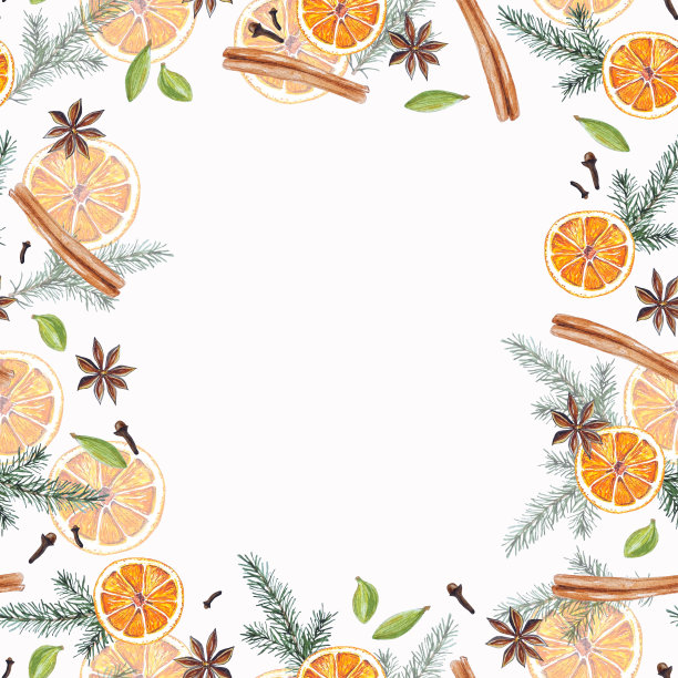 圣诞佳节的画框用橙子、常青树、香料手工水彩画装饰图片下载