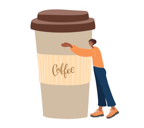 小女人拿着巨大的外卖咖啡杯。咖啡爱好者。彩色模板的横幅或海报的咖啡店，餐厅，咖啡馆。角色饮料热饮。早上点心概念图片下载