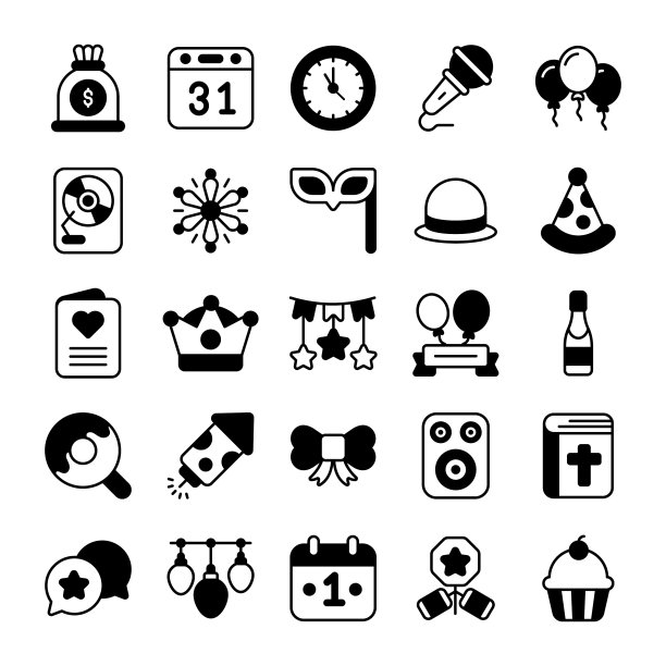 新年快乐图标套装。假日矢量插图。图片下载