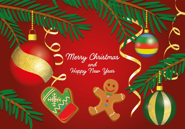 圣诞快乐和新年快乐的横幅上有圣诞玩具，树枝，五彩纸屑条纹，饼干图片下载