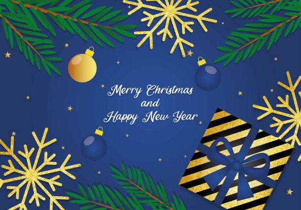 圣诞快乐，新年快乐的横幅上有圣诞玩具，树枝，星星，雪花和礼物图片下载