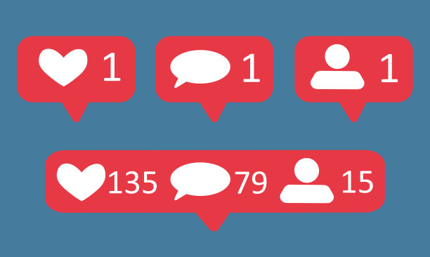 社交网络图标堆积如山。评论,跟进。蓝色背景上的矢量插图。俯视图图片下载