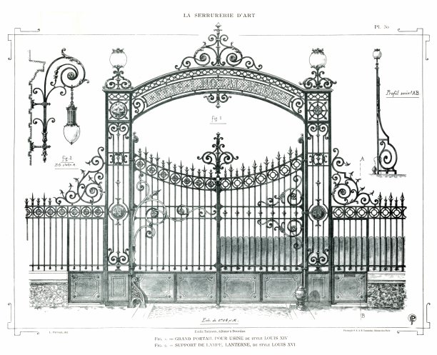 大工厂门，路易十四风格和电灯座，路易十五风格(2个设计)，1890 Ironwork Art。图片下载