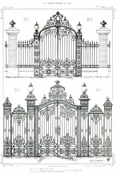 公园门和大荣誉门路易十五风格(4个设计)，铁工艺术1890。图片下载