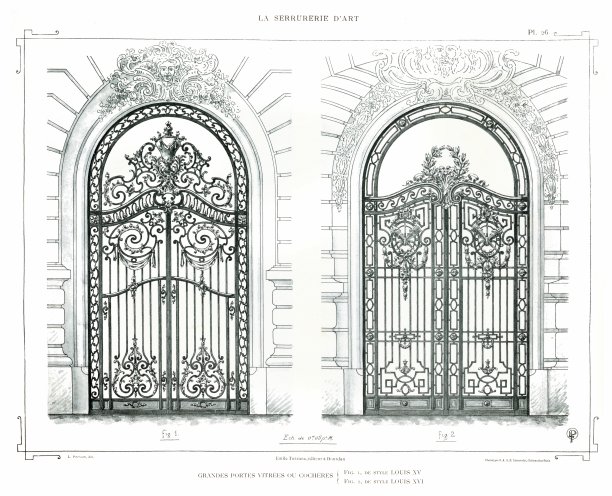 大型玻璃门，路易十五和路易十六风格(两种设计)，1890 Ironwork Art。图片下载