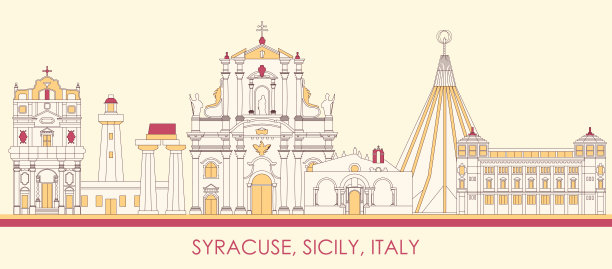 卡通天际线全景雪城，西西里岛，意大利图片下载