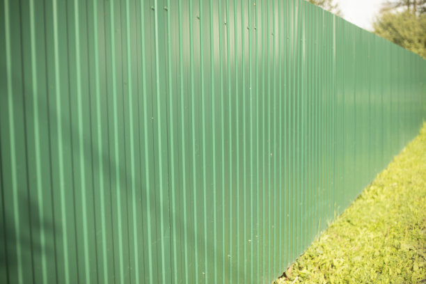绿色栅栏由钢型材制成。高的栅栏。私人领地。图片下载