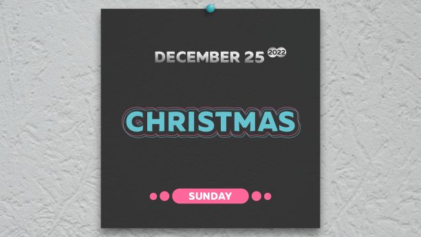 一页黑色漂亮的挂历2022，上面有一个大大的彩色圣诞节日期图片下载