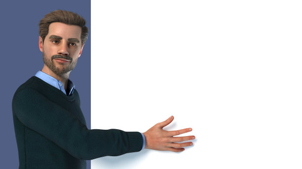 老年男子手持和展示白色广告牌画布空白复制空间蓝色背景3D插图图片下载