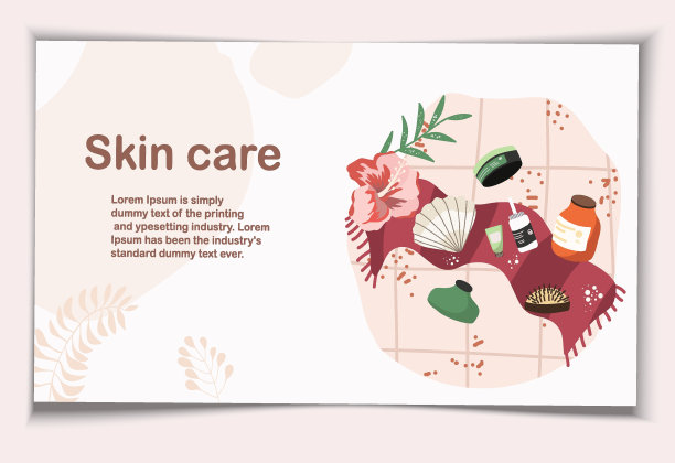 矢量插图化妆品的日常，日常皮肤护理，面霜，乳液，牛奶，油，贝壳，木槿上的毛巾，浴室。图片下载