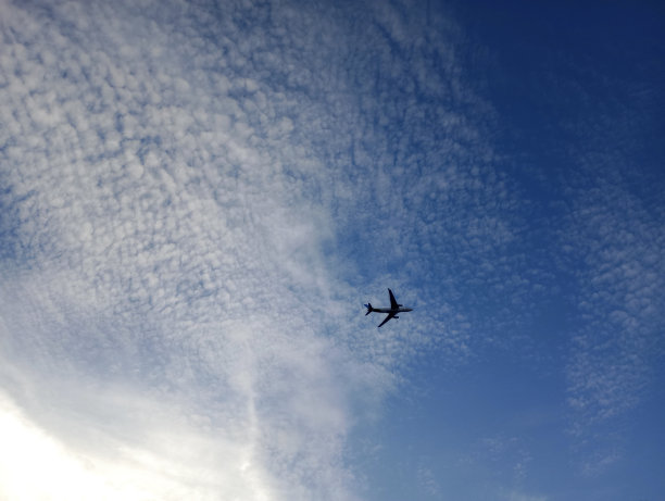 在高空飞行的飞机剪影，被高空的云层包围。图片下载