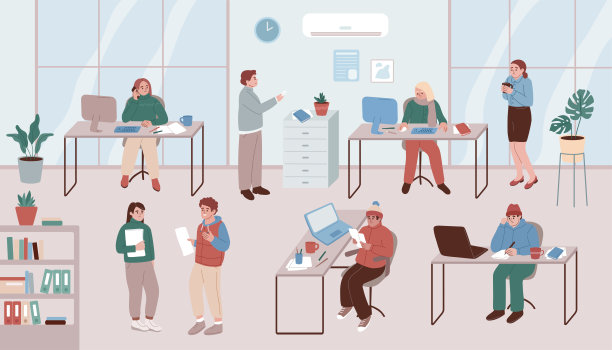 公司员工冻在办公室里。人们在工作中冻坏了。男男女女都穿着暖和的便装上班。员工在办公室戴着帽子和围巾。节能,经济。没有暖气的房间。平面向量插图。图片下载