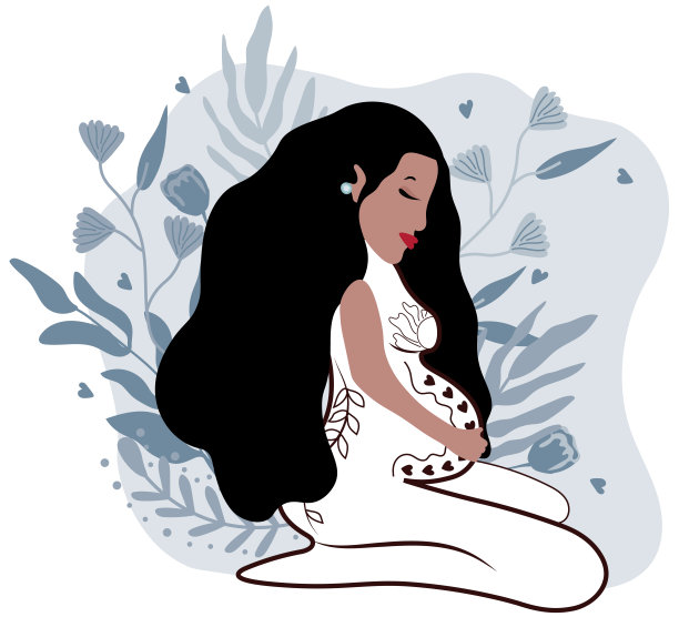 快乐的孕妇坐在大自然的背景下抱着她的肚子。概念母性、健康和怀孕。平面向量插图。图片下载