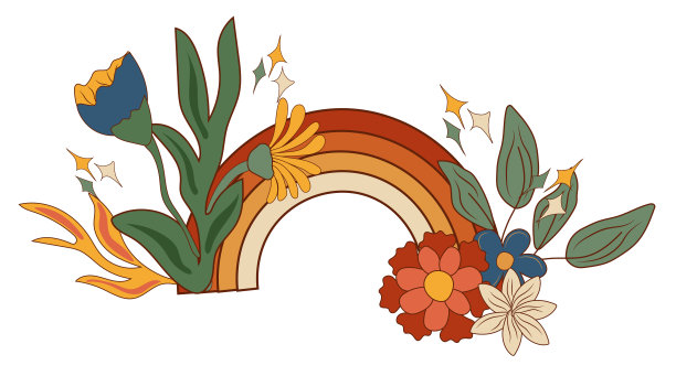 积极的嬉皮士组成70年代，与五颜六色的彩虹，鲜花和树叶。迷幻槽元素。完美的贺卡，海报，明信片，横幅。向量图片下载