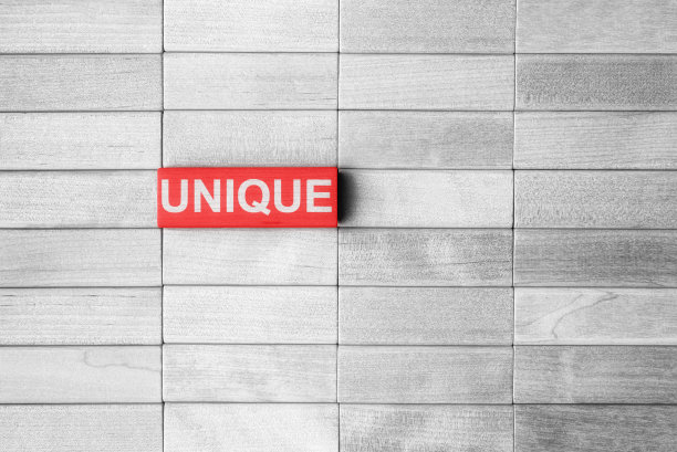 在空白的灰色方块中，红色木制方块配上独一无二的文字说明。个人发展和自我提升的理念图片下载