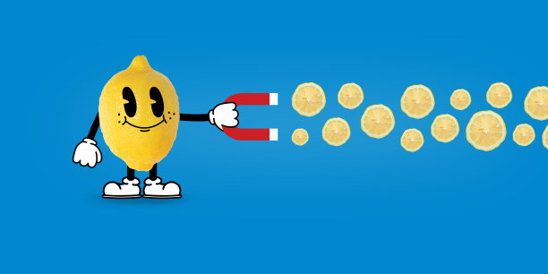 当代艺术拼贴。柠檬和磁铁。水果是健康。现代食品的概念。蓝色夏季背景上的图形。图片下载