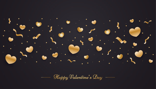 情人节快乐横幅与3d饰品扩散在黑色背景。节日礼品卡。浪漫的背景与3d装饰对象。矢量图图片下载