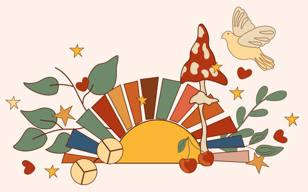 积极的嬉皮组成70年代与彩色的太阳，鲜花和树叶，飞鸽，蘑菇。迷幻槽元素。复古海报完美的海报，明信片，横幅。向量。图片下载