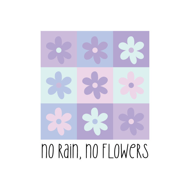 没有雨，就没有花。可爱的千年虫拼贴极简主义花卉海报，t恤印花。彩色粉笔棋盘背景。现代，时尚，明亮的矢量设计，励志的短语引用海报图片下载