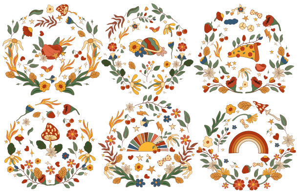 积极组成70年代与色彩斑斓的空间，绝妙的阳光，神秘的蘑菇，披萨，鲜花和树叶。构图的复古风格完美的卡片，海报，明信片，横幅。向量图片下载