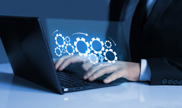 工作流程和增长策略规划。与齿轮和业务流程自动化的成功路径与流程图。图片下载