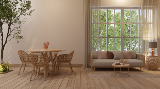 空墙客厅和餐桌内部和房间的大树。图片下载