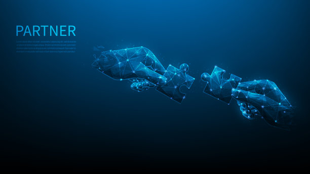 手持拼图数字技术的蓝色深色背景。业务合作伙伴和解决方案。成功的策略。拼图连接成就低聚线框。矢量插画奇妙的设计。图片下载