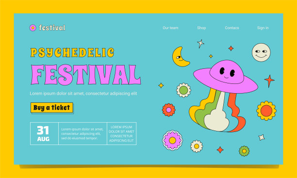一个20世纪70年代、60年代风格的迷幻音乐节网站模板。一个嬉皮士概述插图与正面ufo，花，行星。图片下载