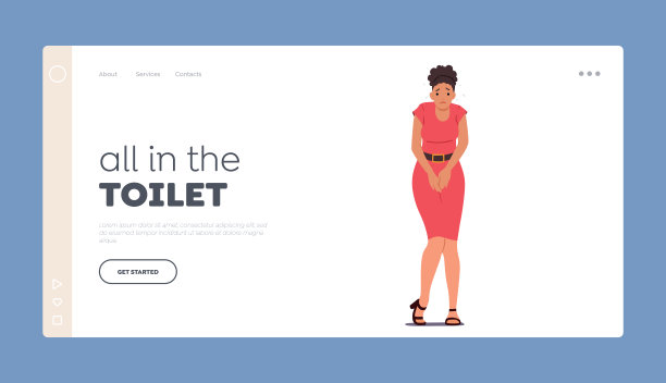 不快乐的女性角色等待厕所登陆页面模板。女孩急需小便。排尿问题图片下载