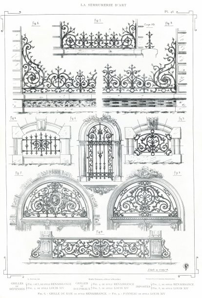 防御栅格，文艺复兴和路易十四风格，地下室窗户栅格，文艺复兴和路易十四风格，横梁栅格，文艺复兴和路易十四风格，窗户栅格和面板，路易十四风格(9种设计)，由Ironwork Art 1890。图片下载